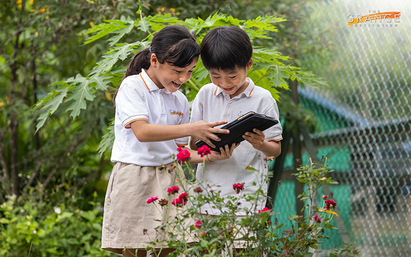 Two students using a tablet to identify plants outdoors.