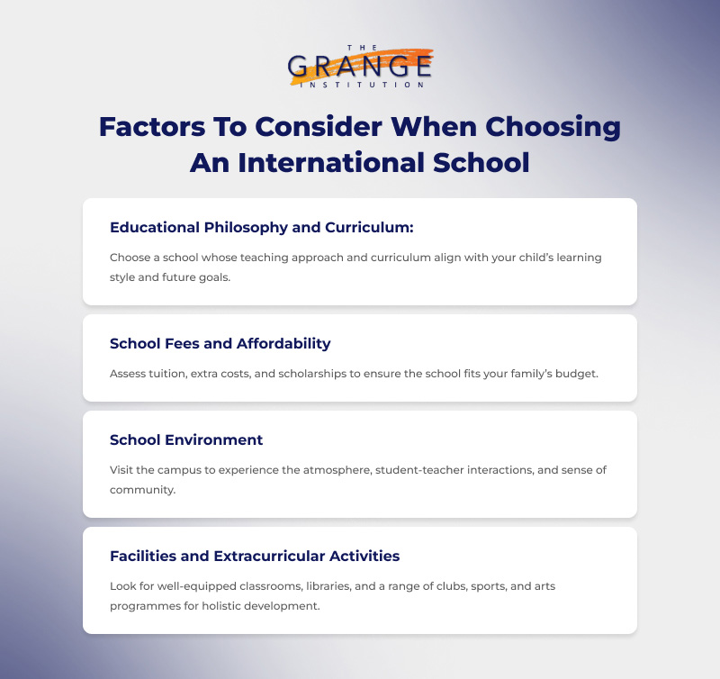 A list of factors to consider when choosing an international school.